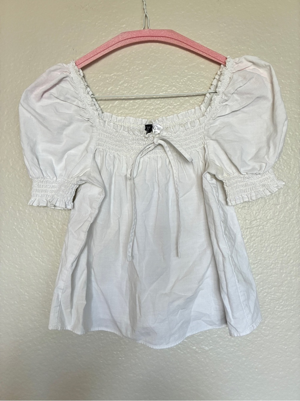 H&M Divided White Smocked Milkmaid Top Puff Sleeve Tie Front XS Cottagecore Y2K